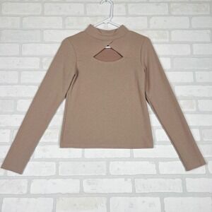 Willow + Root Tan Ribbed Mock Neck Keyhole Cutout Long Sleeve Top Size M‎